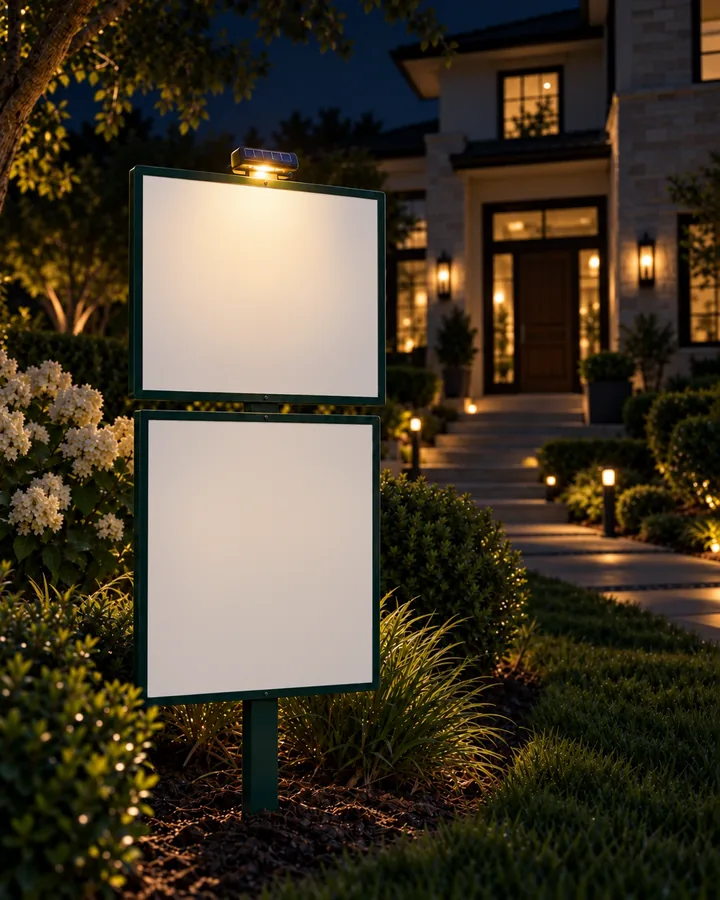 The same sign at night, lit by its solar light